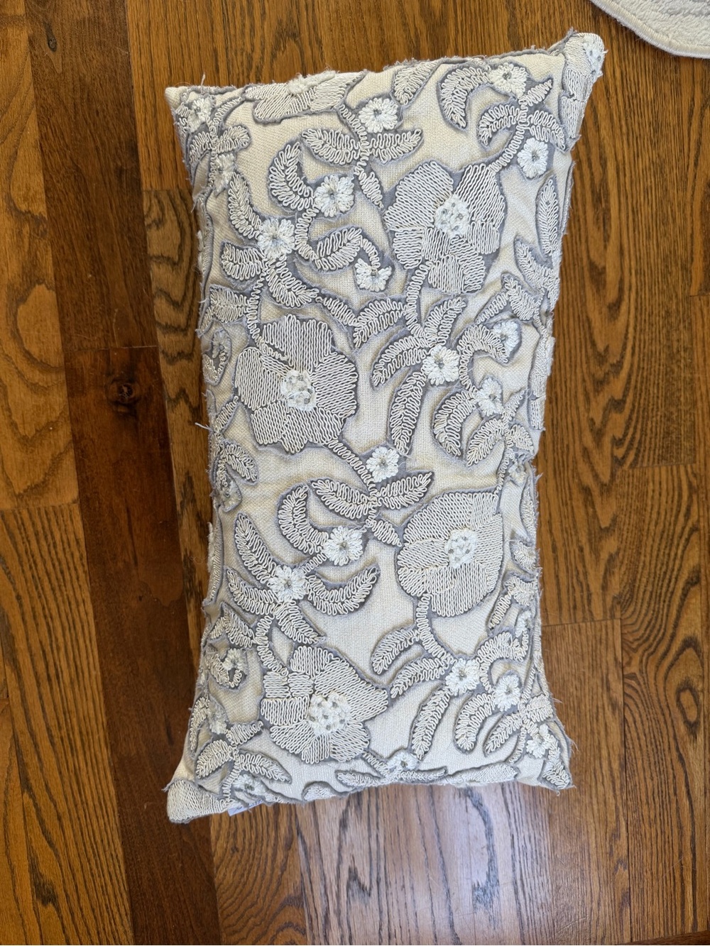 Embroidered Floral Lumbar Pillow in Light Gray and Cream